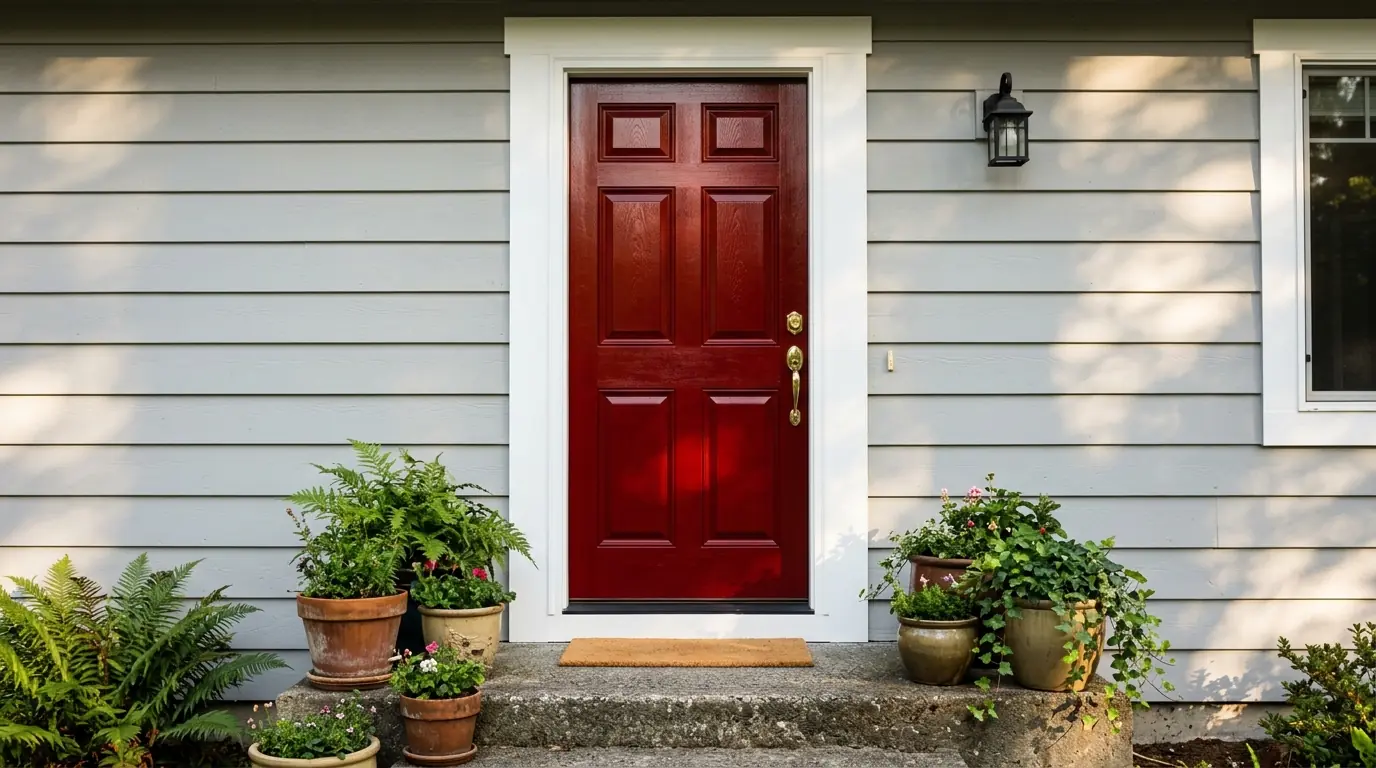 Glossy red front door with fresh white casing