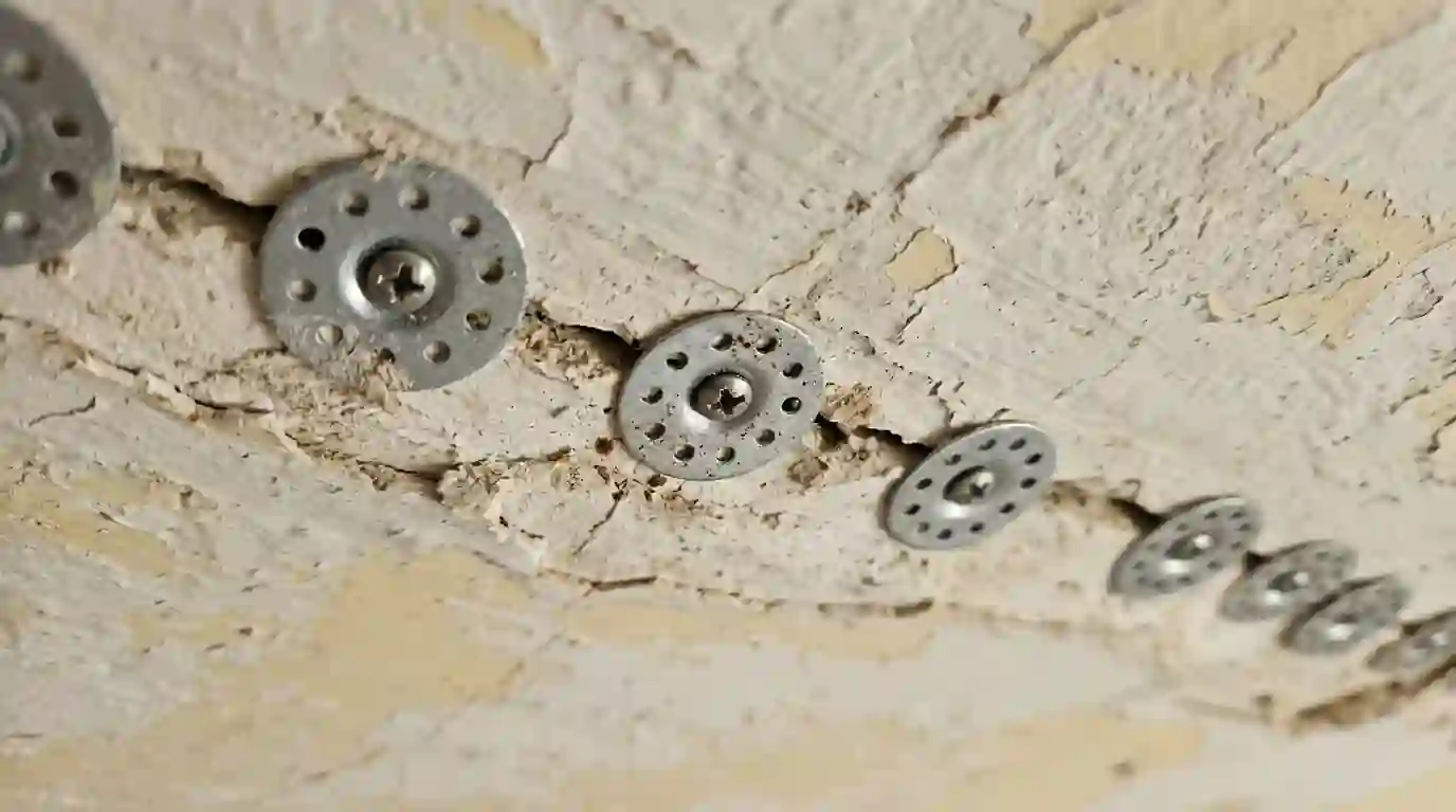 Plaster washers holding a loose ceiling section in place