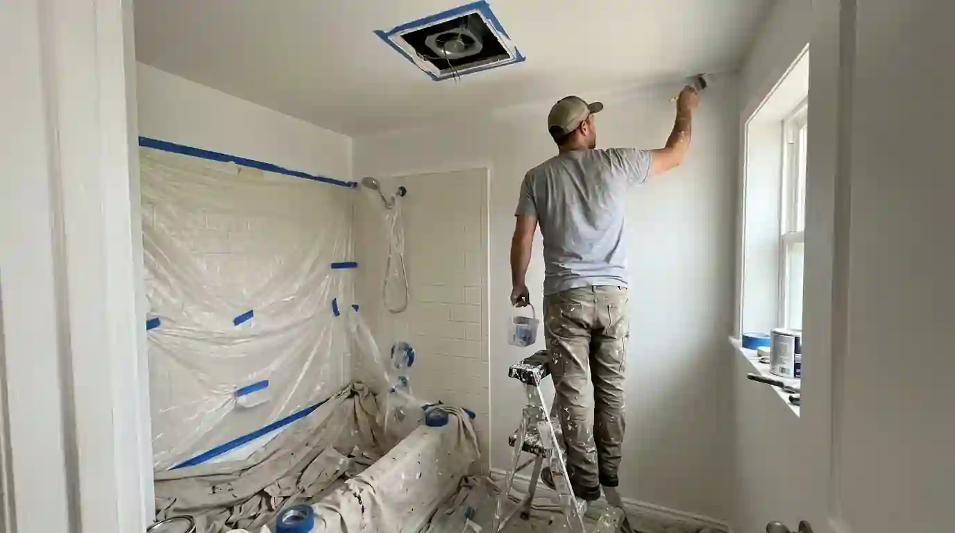 Painter cutting in the ceiling line above a tiled tub