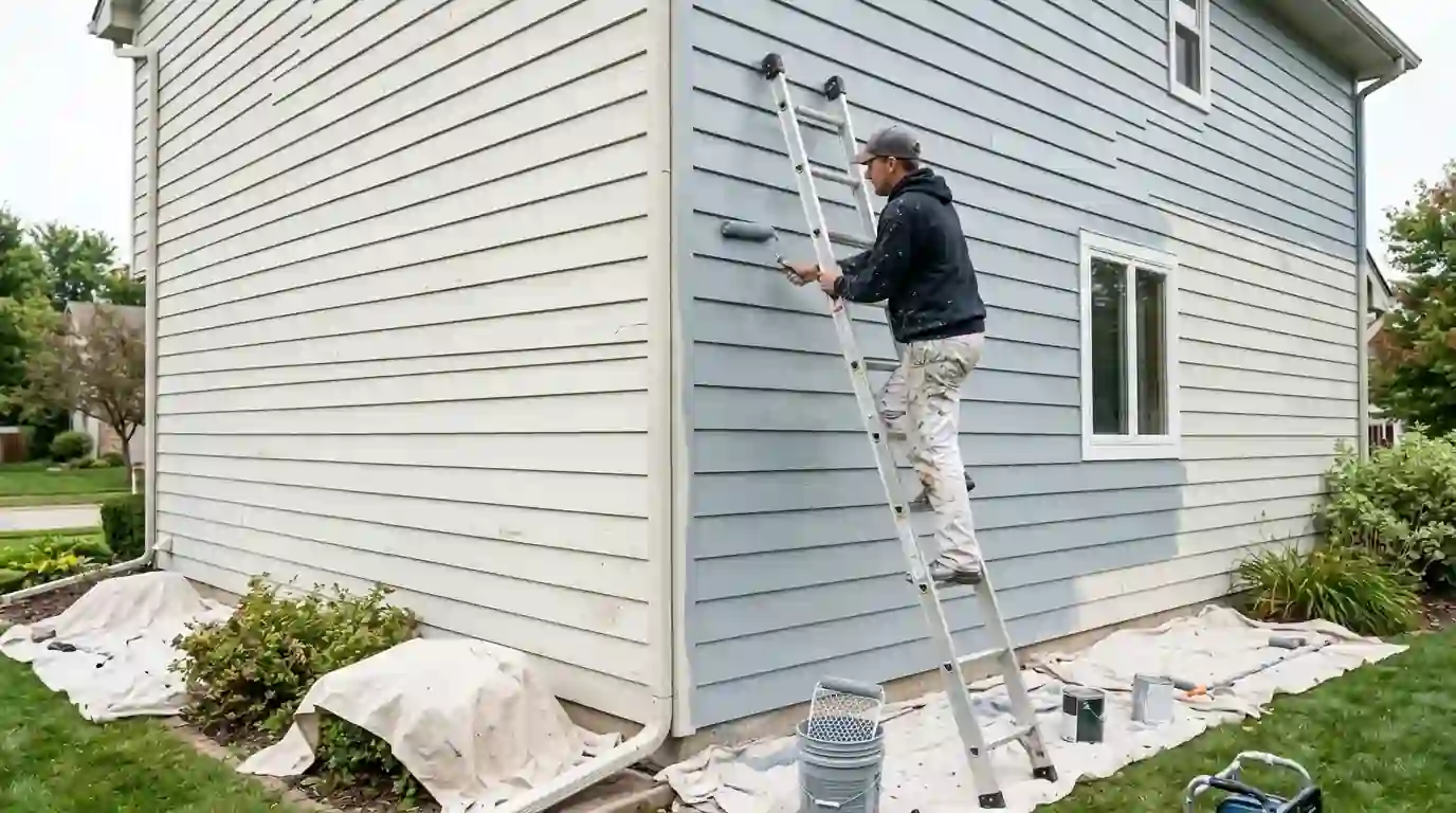 Painter rolling new color onto lap siding