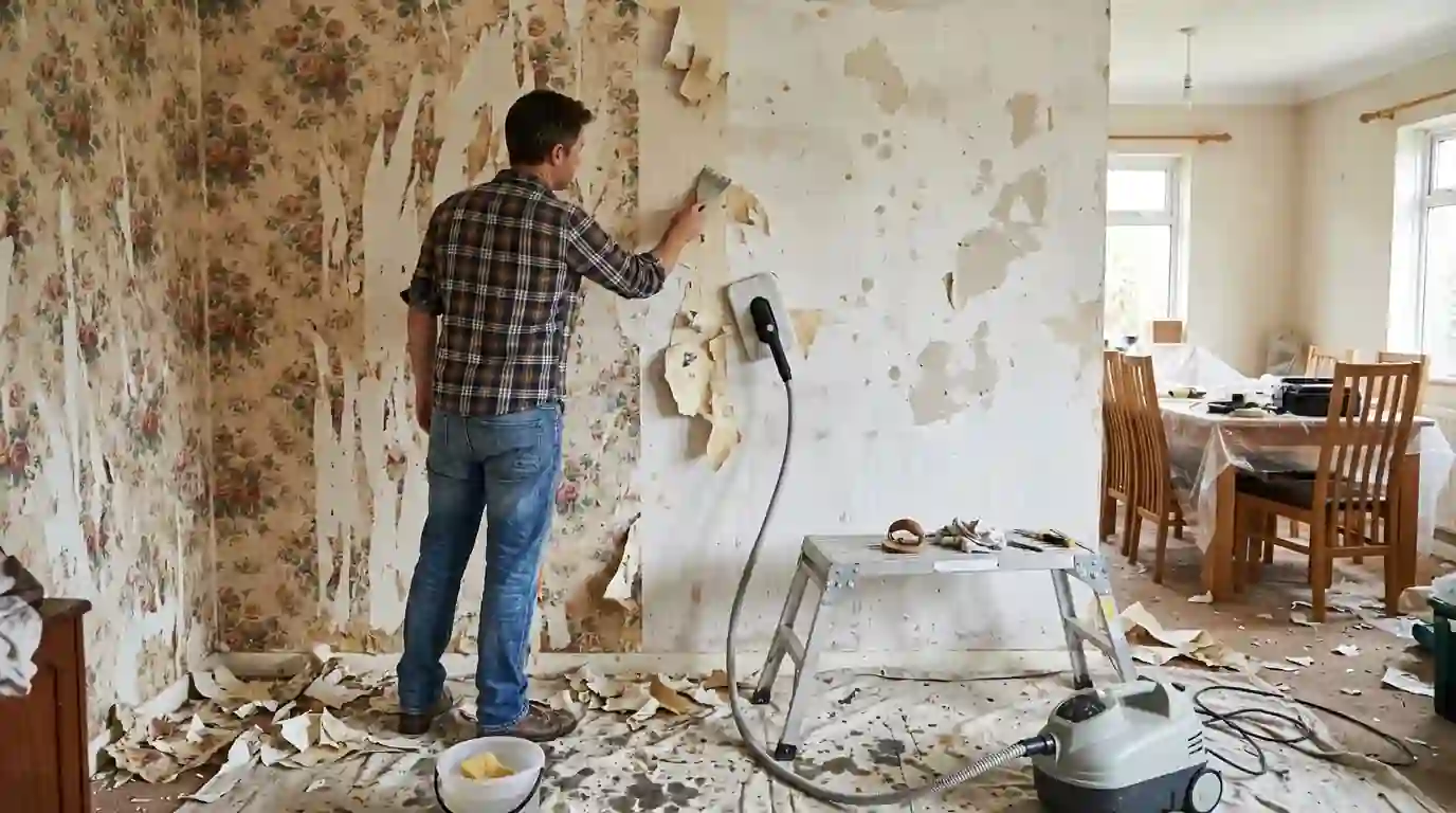 Dining room wall halfway through wallpaper removal