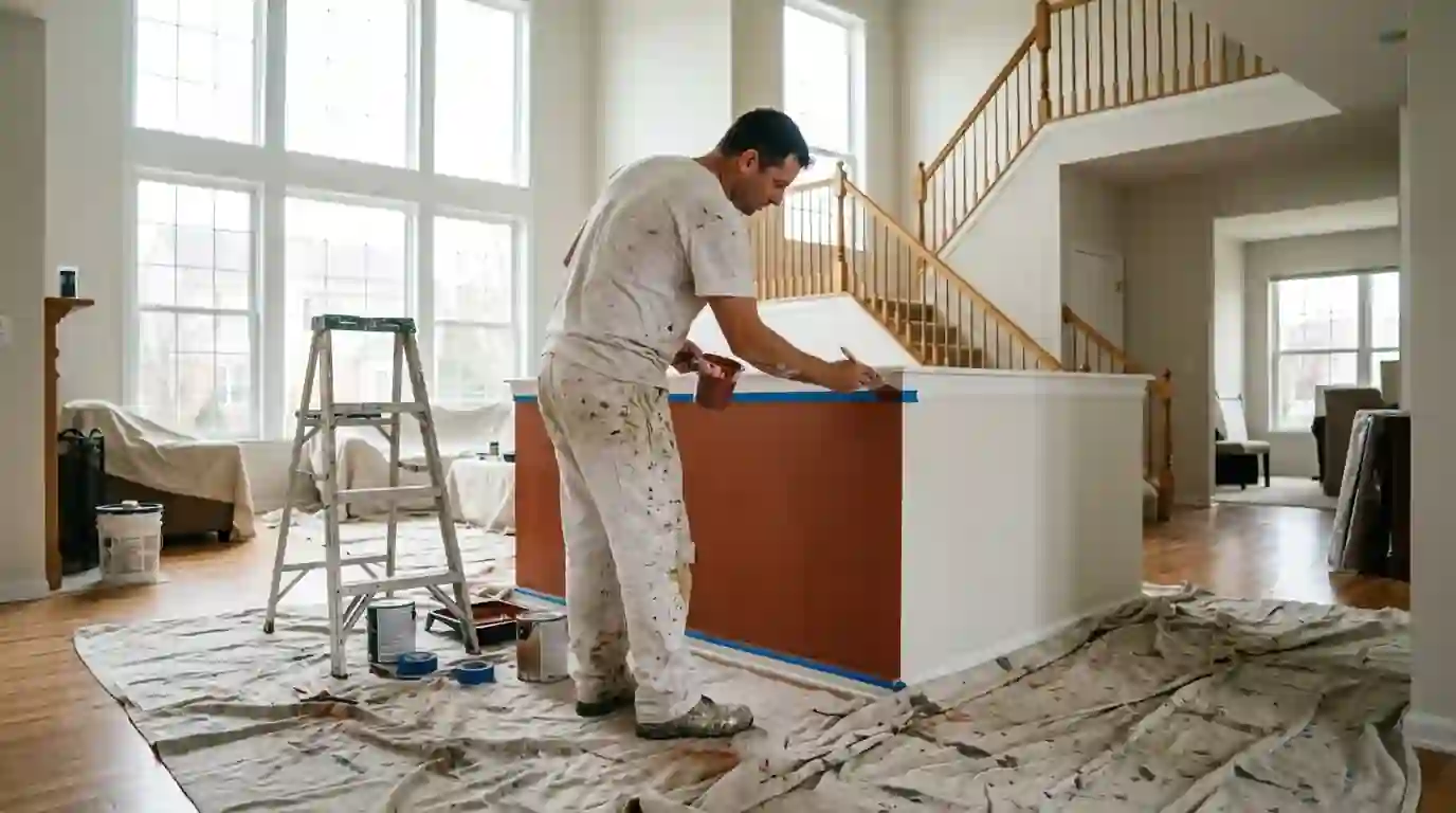 Painter cutting in a straight line along taped trim in a Naperville living room
