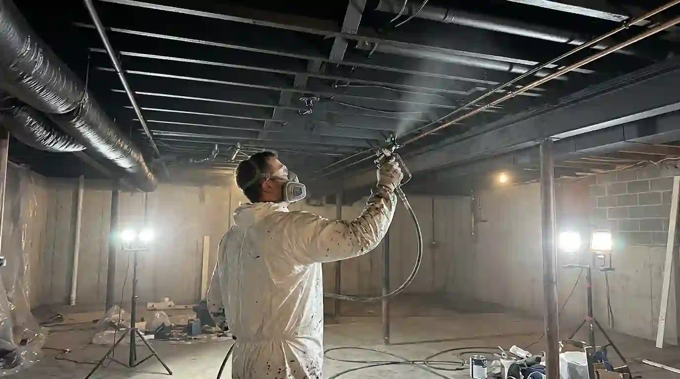 Open basement joists and ducts sprayed matte black