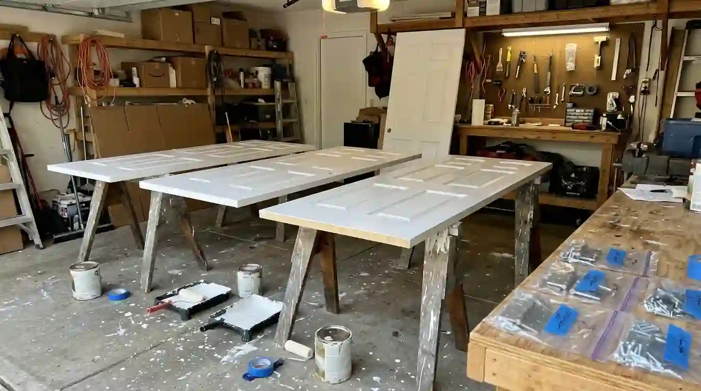 Panel doors drying flat on sawhorses in a garage