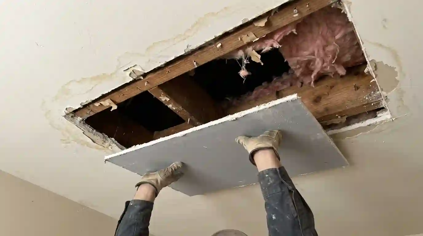 Replacing a soft section of water-damaged ceiling drywall