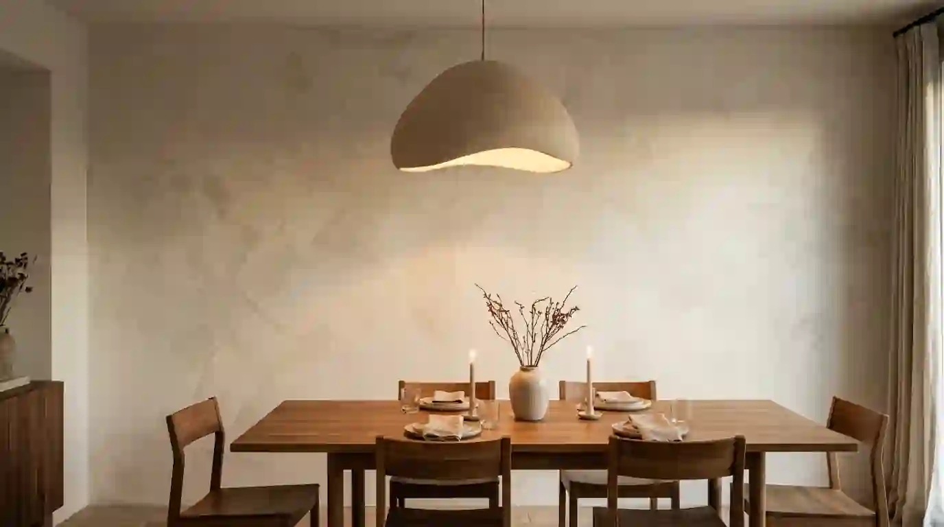 Limewashed dining room wall with soft brush texture