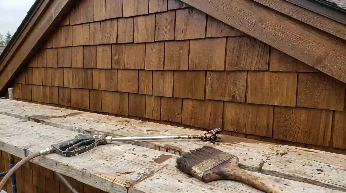 Cedar shakes on a gable end after fresh stain