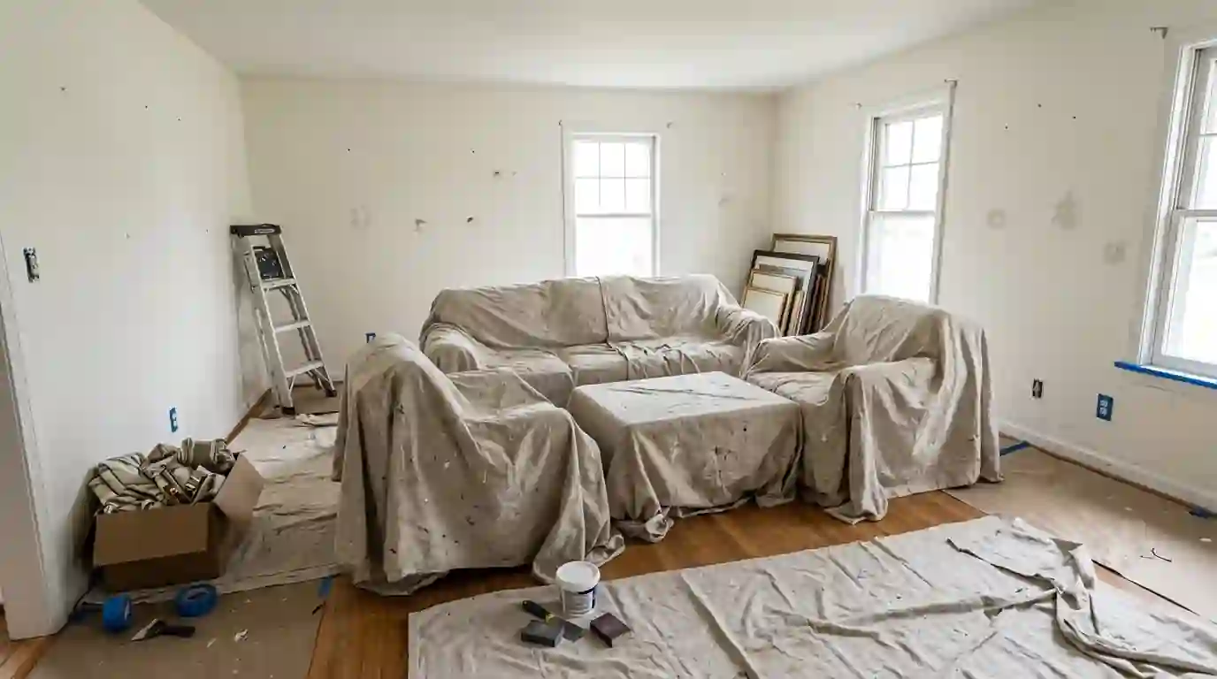 Living room cleared and covered, ready for the painters