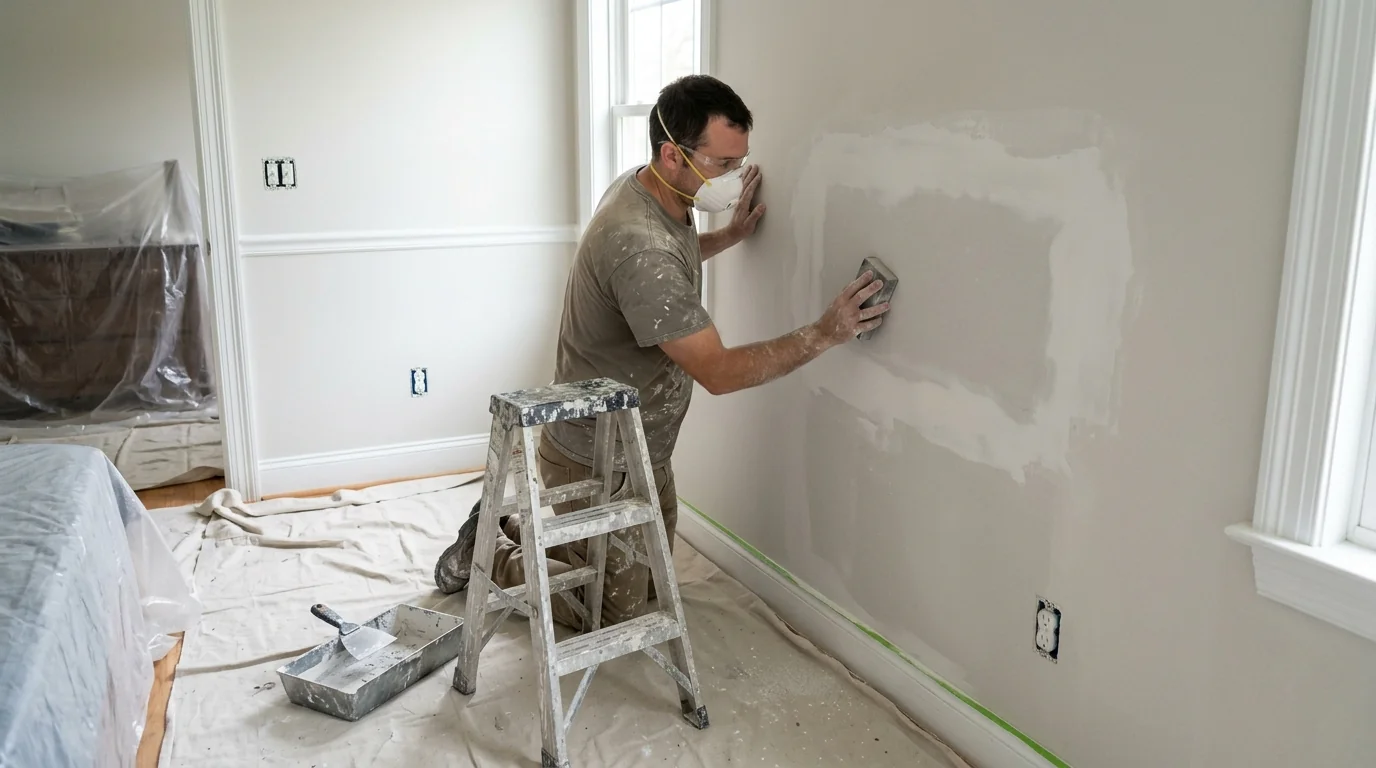 Painter sanding a drywall patch before priming