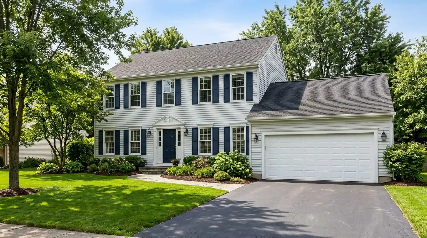 Colonial-style home with a freshly painted garage door