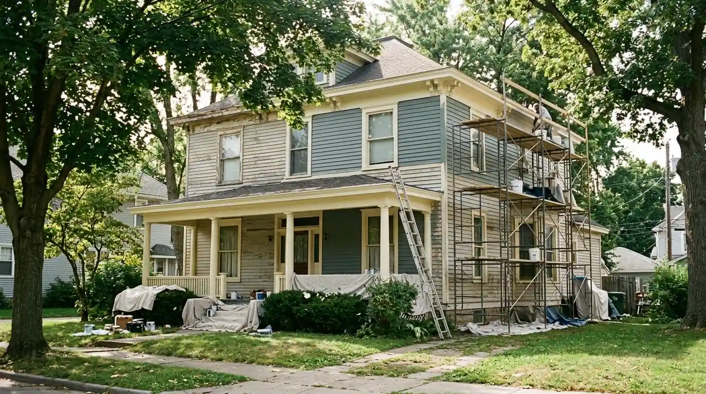 Older frame house with porch partway through an exterior repaint