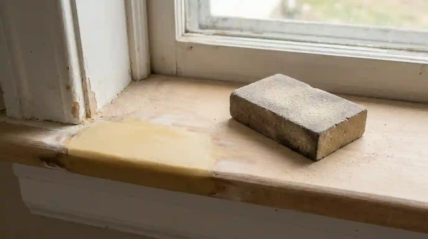 Epoxy filler shaped and sanded on a sill corner