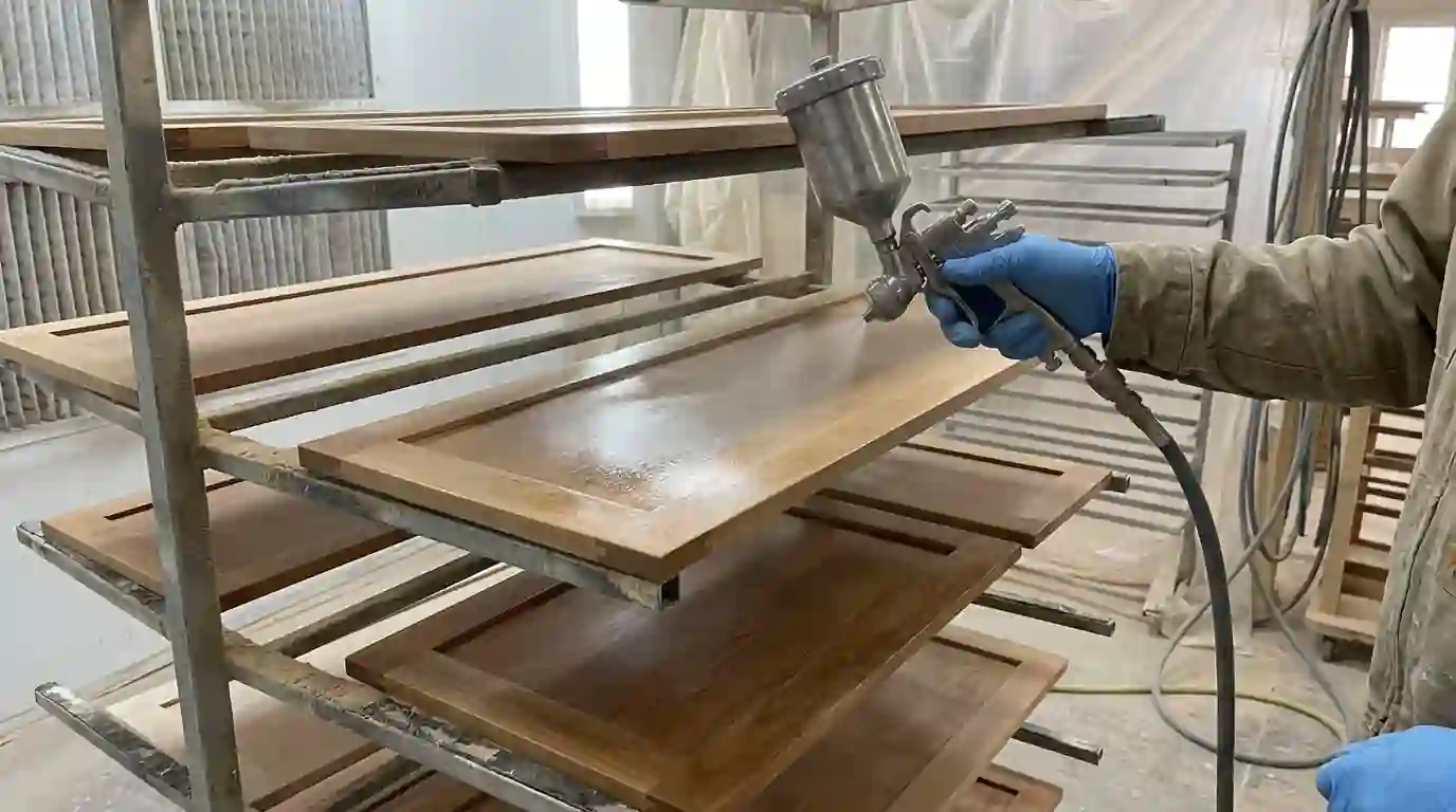 Clear topcoat being sprayed on stained maple drawer fronts