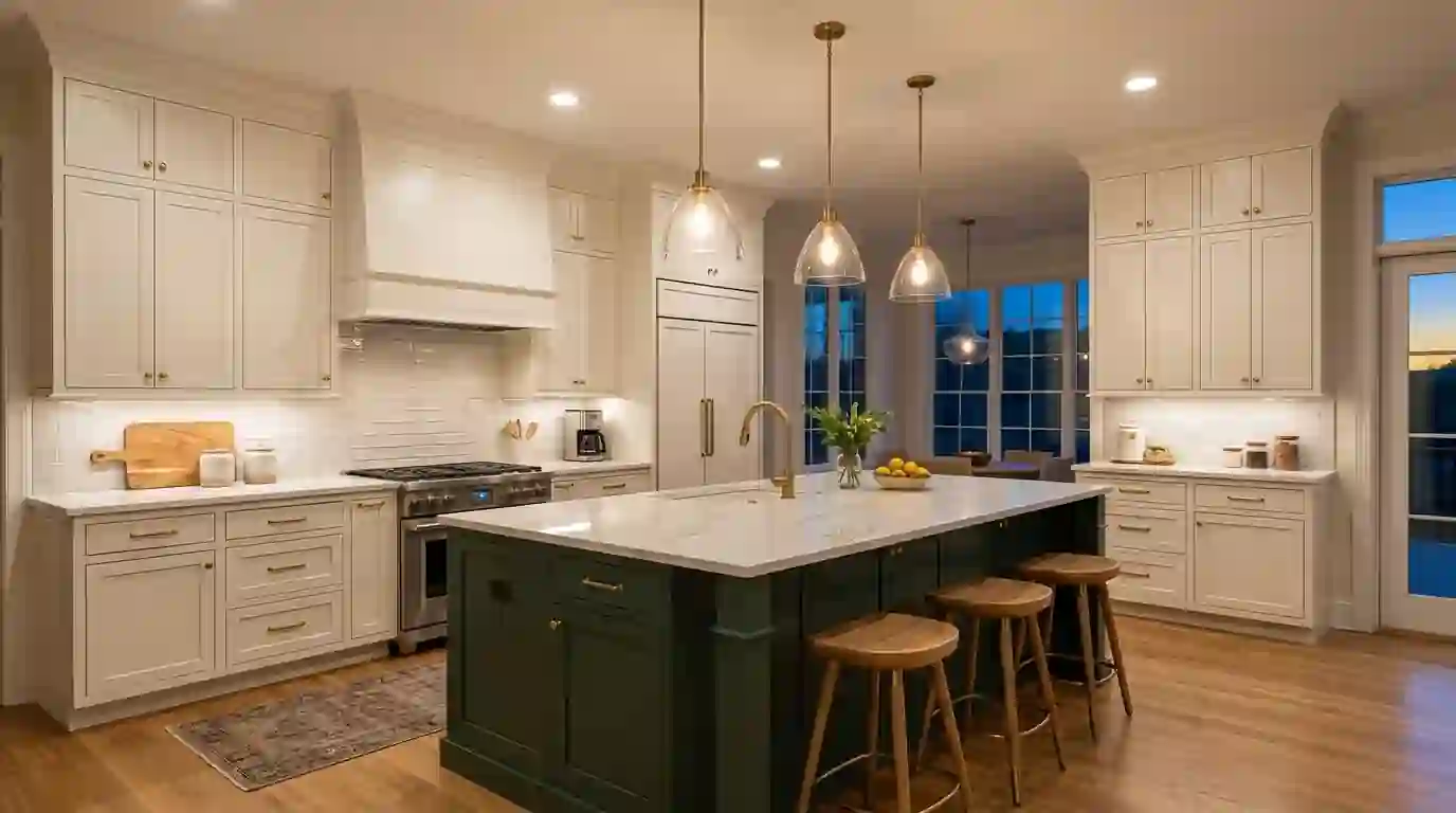 White kitchen cabinets with a deep green painted island