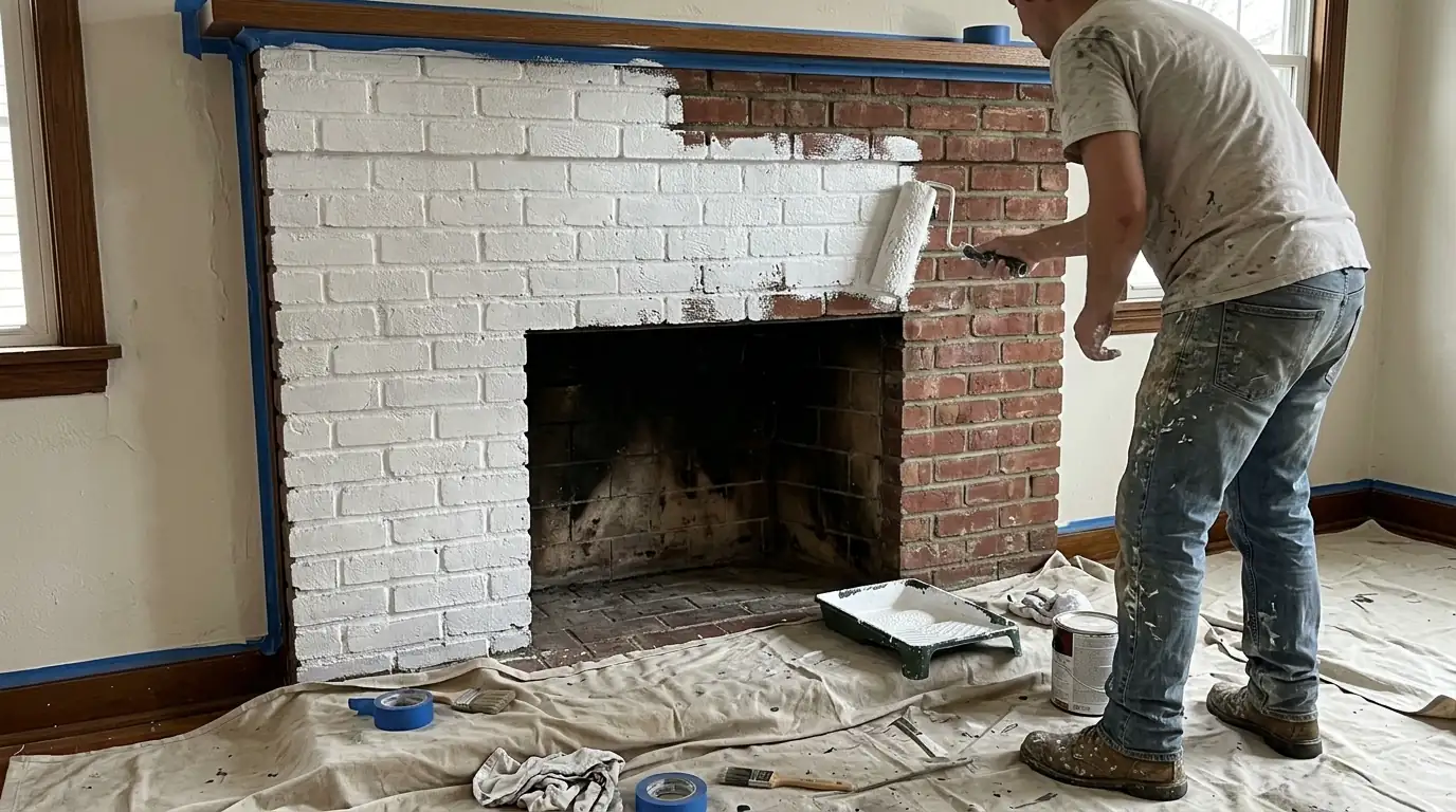 Painter rolling white masonry paint onto a brick fireplace
