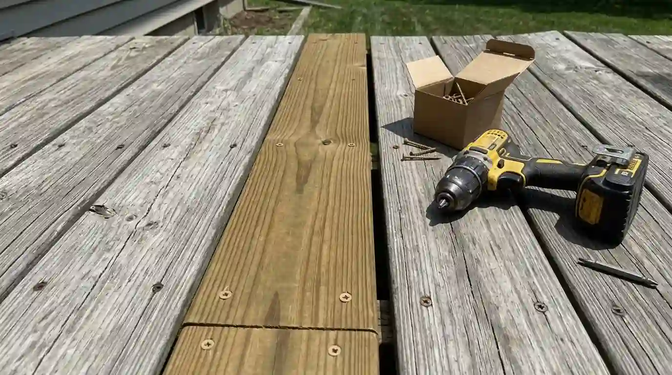 New deck board fastened in among older weathered ones
