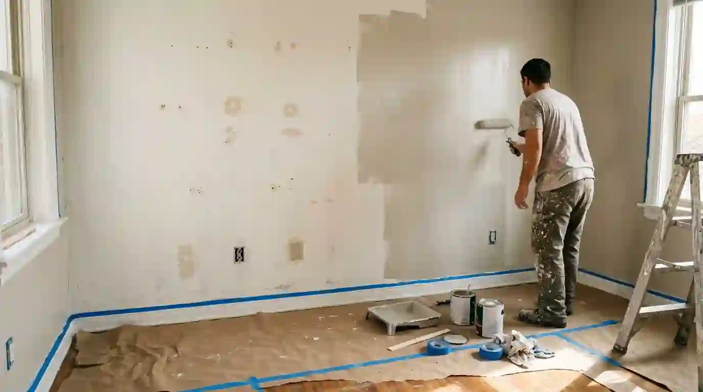 Painter repainting an empty apartment bedroom