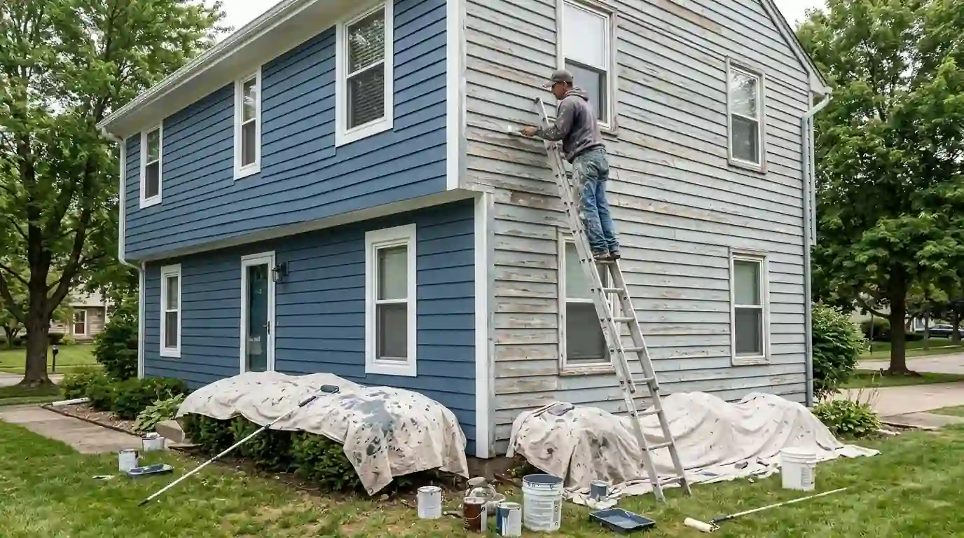 Two-story house partway through an exterior repaint