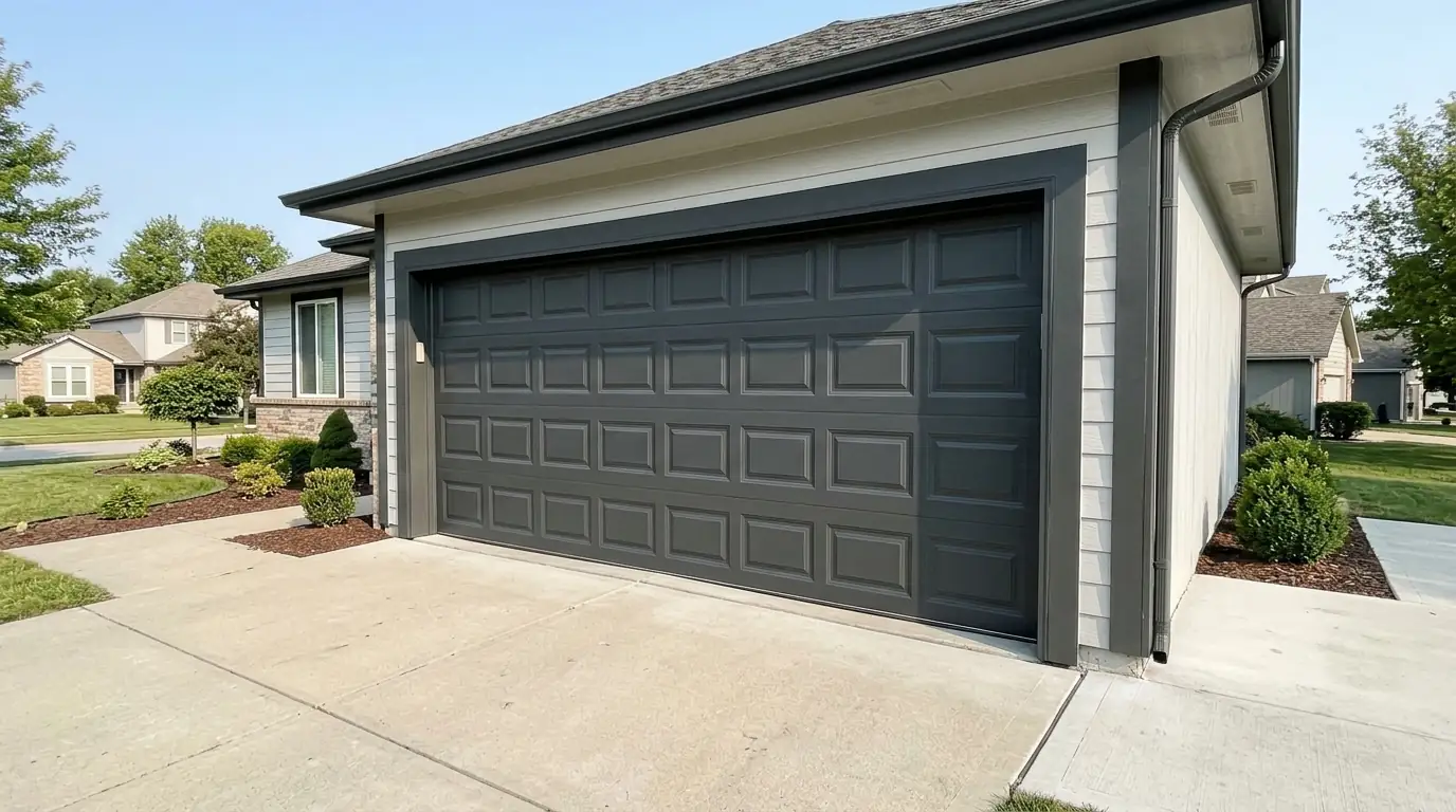 Freshly painted charcoal garage door on a suburban home