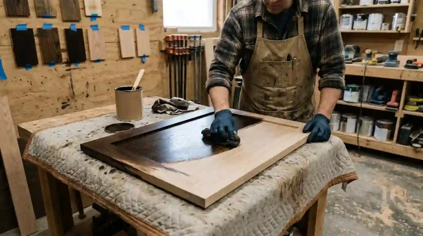 Painter wiping dark stain onto a sanded oak cabinet door