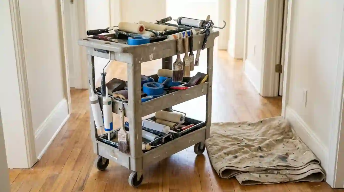 Painter's cart with rollers, brushes and drop cloths
