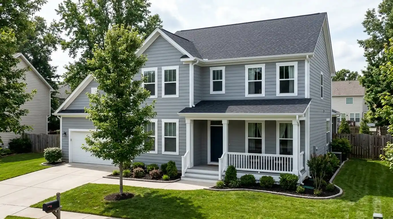 Freshly painted two-story house on a quiet suburban street