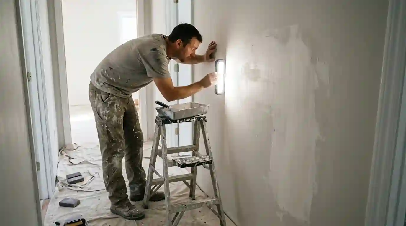 Checking a drywall patch with a raking work light