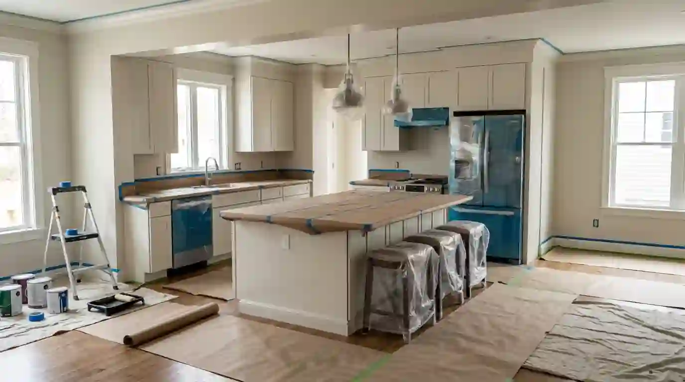 Kitchen walls freshly painted, counters still covered