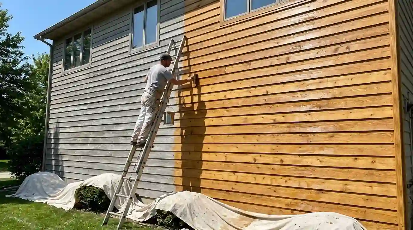 Painter back-brushing stain into weathered cedar siding