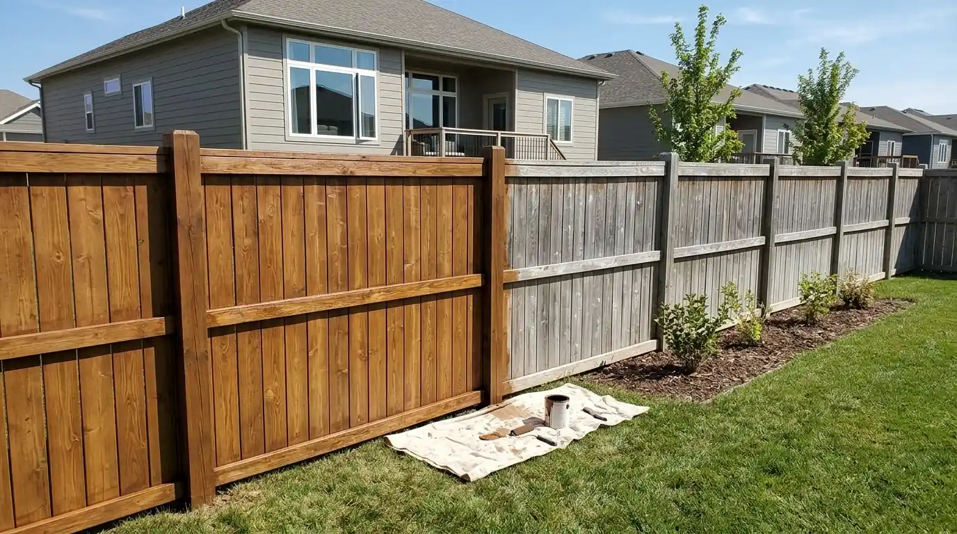 Cedar privacy fence halfway through a fresh coat of stain