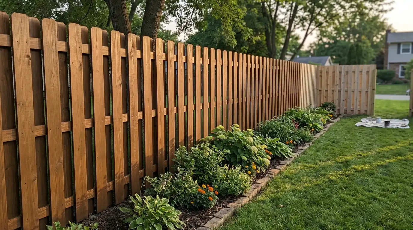 Shadowbox fence boards newly stained along a garden bed