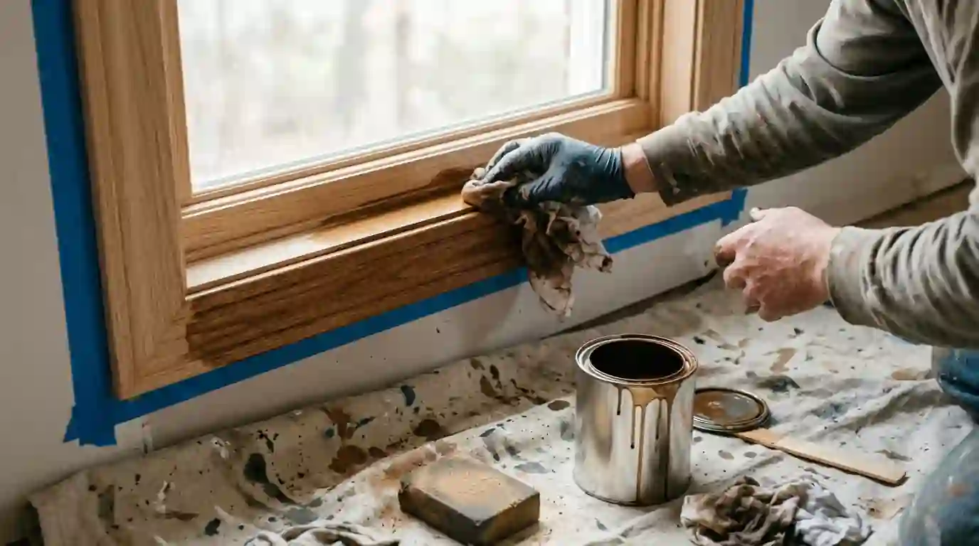 Painter wiping stain onto oak window casing