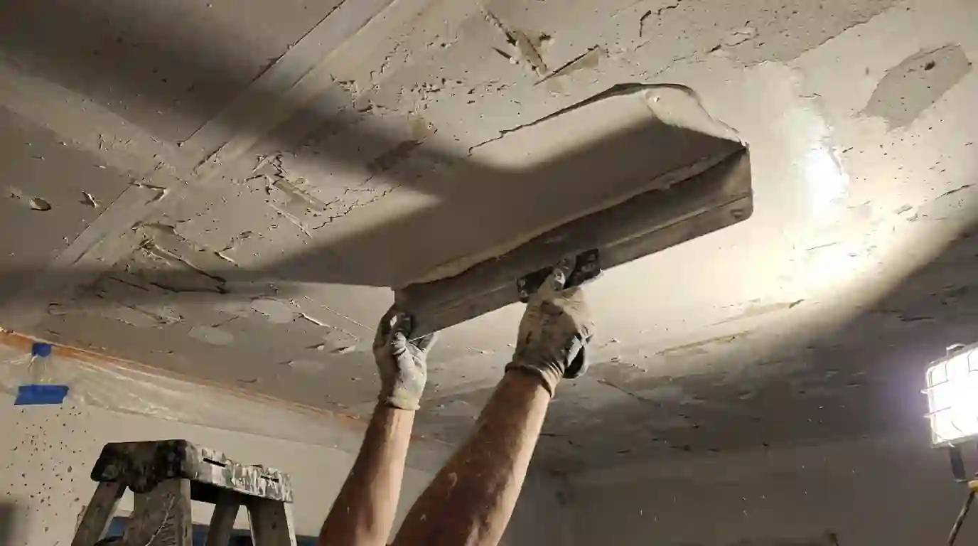 Skim coating a bare ceiling after the texture is removed