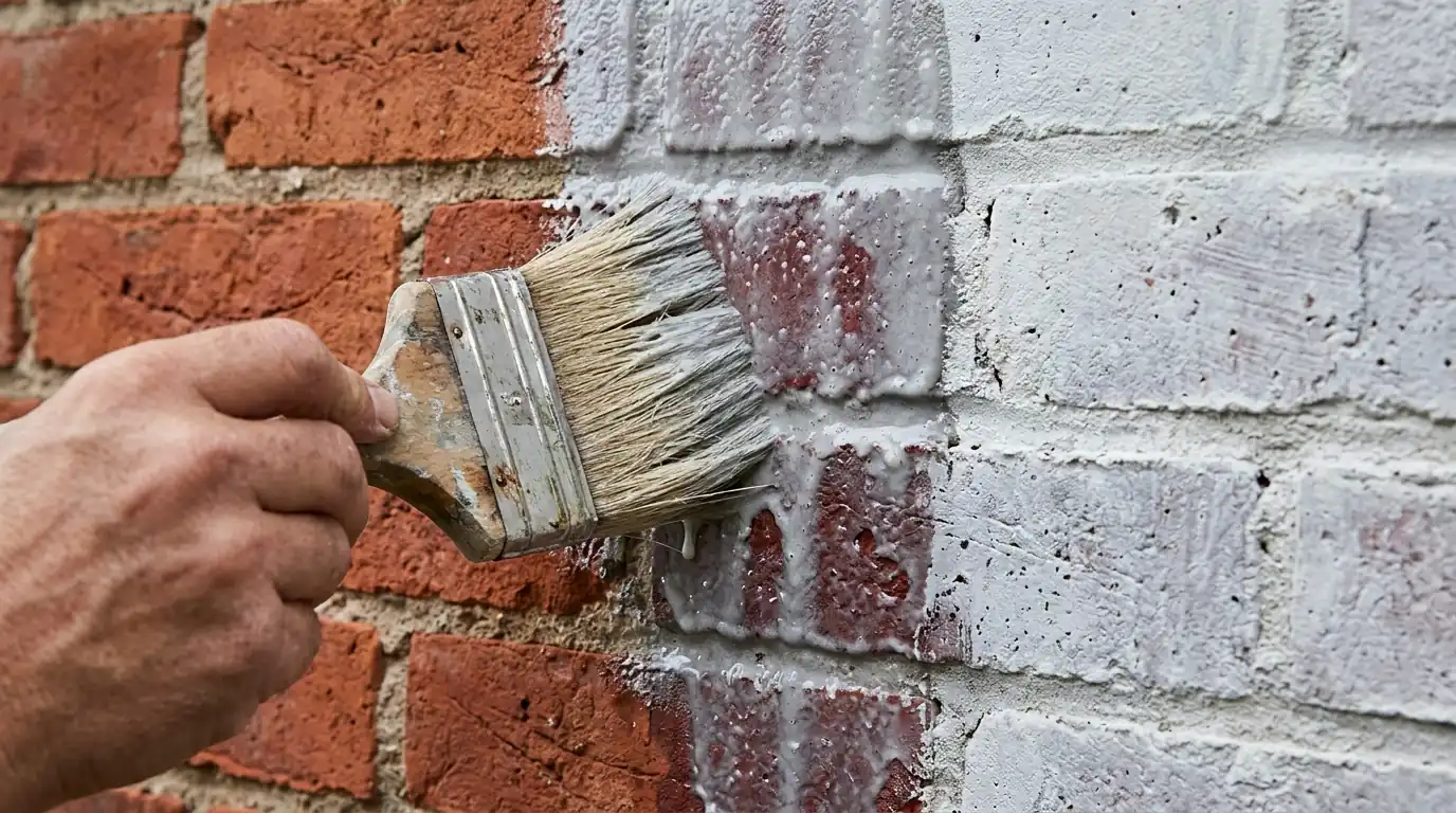 Limewash being brushed onto red brick