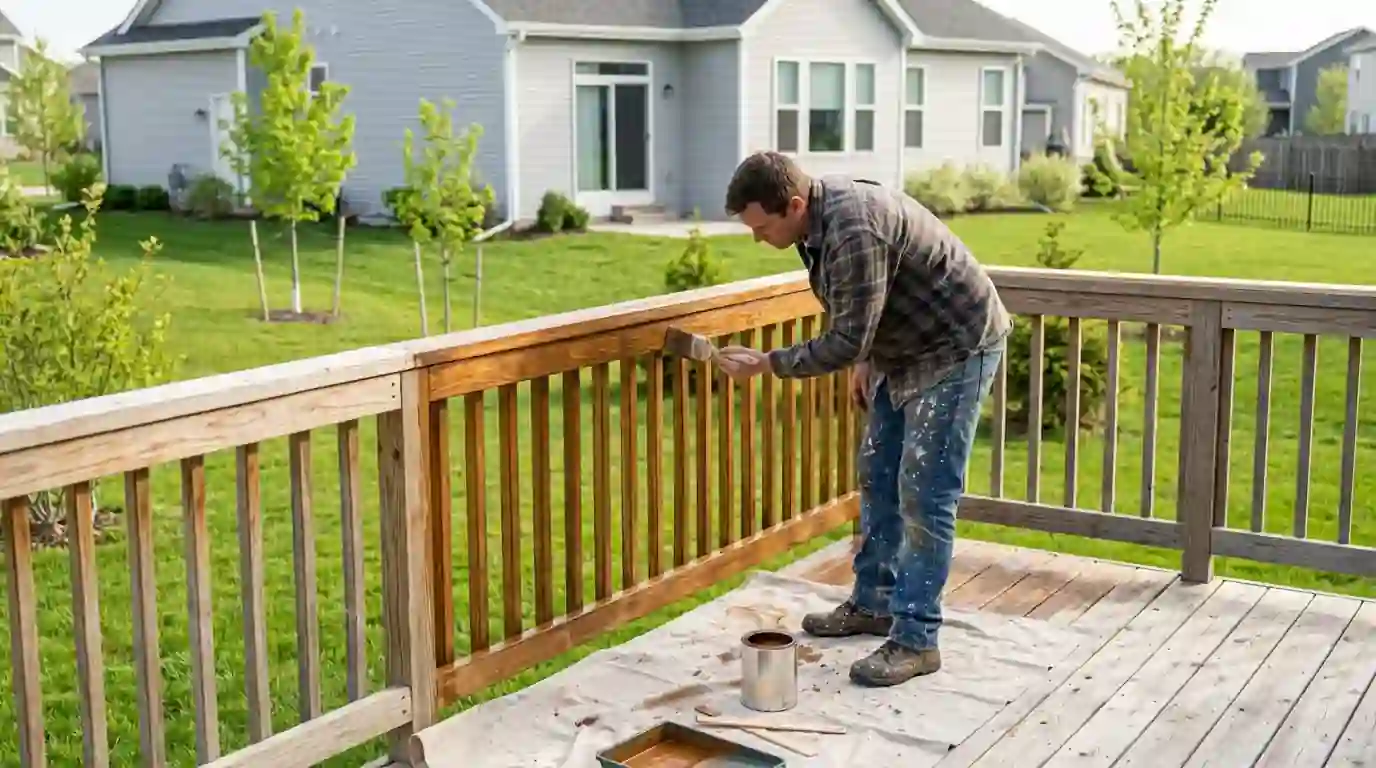Painter staining deck railings on a newer suburban home