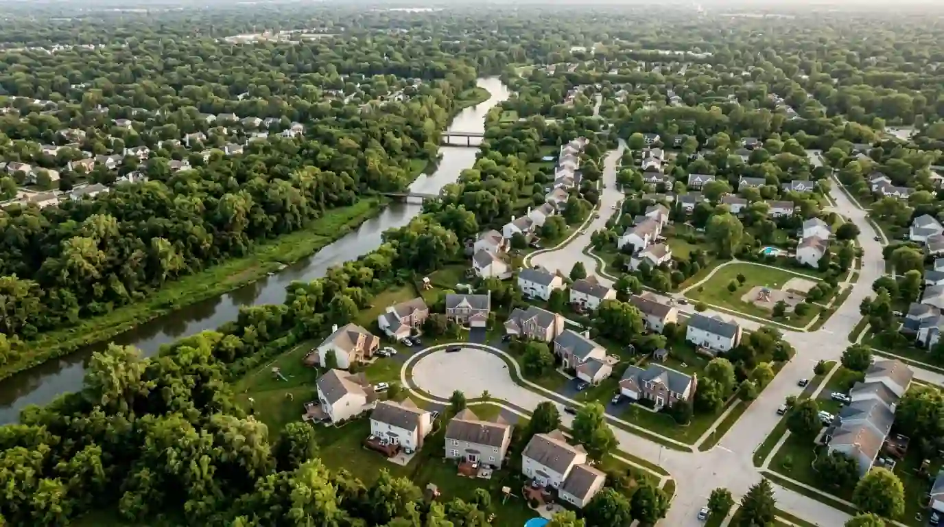 Leafy suburban neighborhood with two-story homes