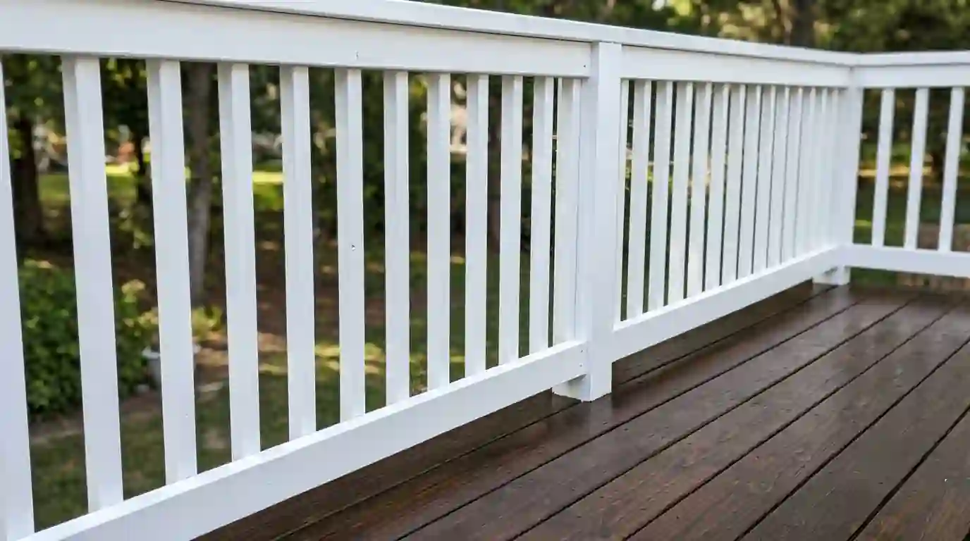 White stained deck railing above darker brown floor boards