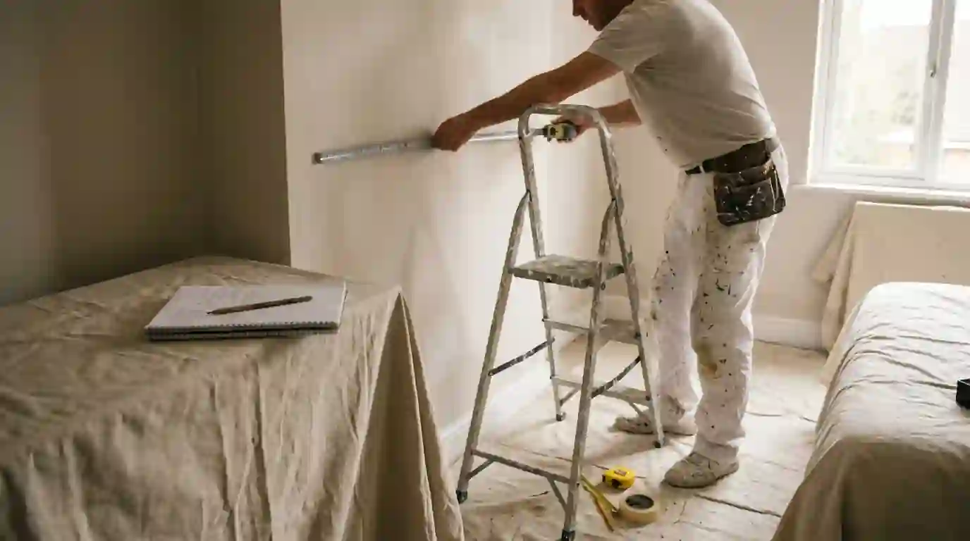 Painter measuring a bedroom wall before pricing the room