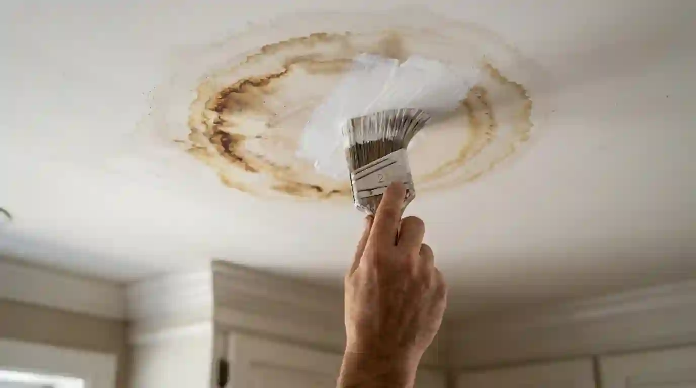 Water ring on a kitchen ceiling getting a stain-blocking coat