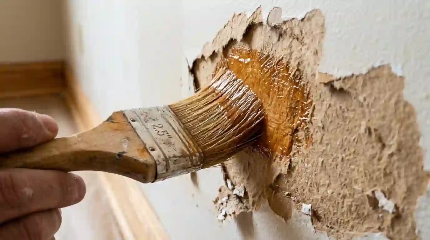 Brushing shellac primer over torn drywall paper