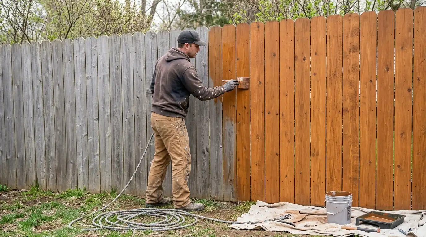 Painter brushing stain onto a weathered privacy fence