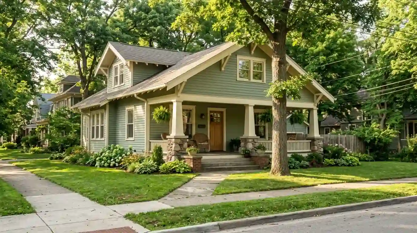 Kit home bungalow with fresh sage siding and cream trim