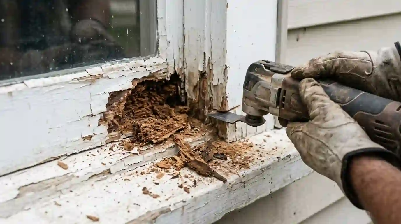 Rotted corner of a window sill being cut out
