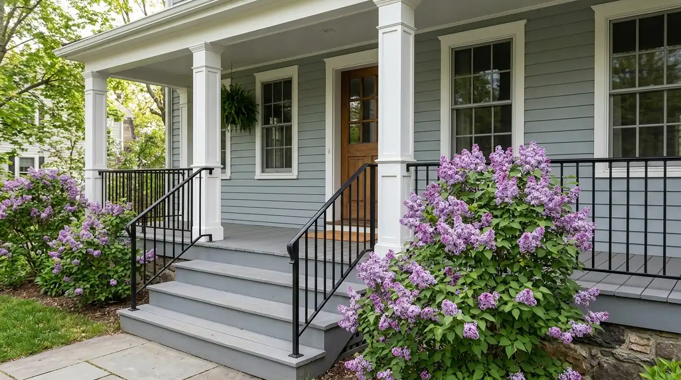 Older home porch with freshly painted columns and floor