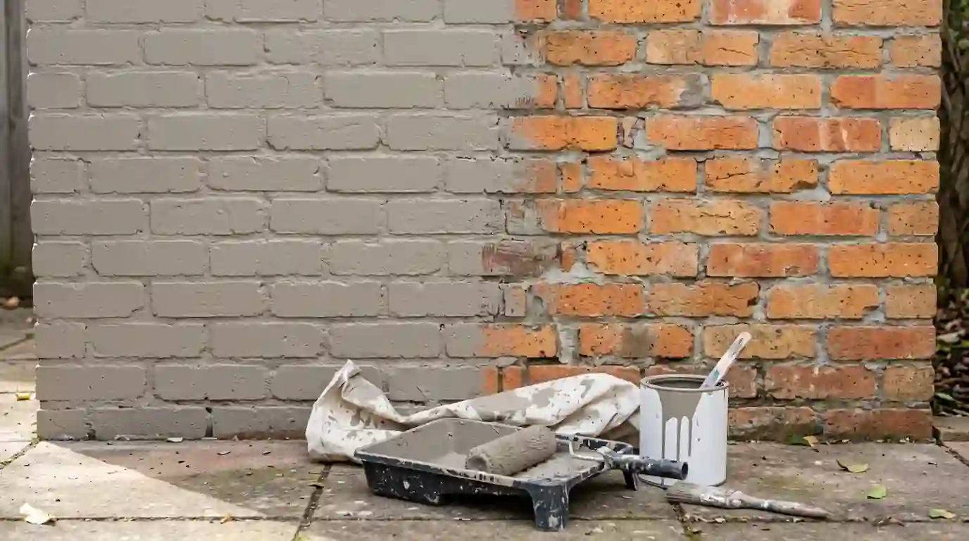 Brick wall halfway through a solid mineral paint coat