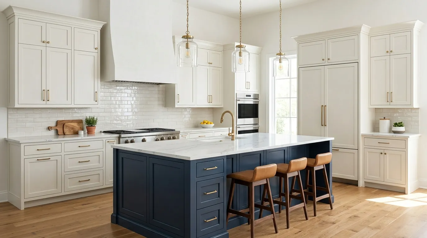 Two-tone painted kitchen with navy island and white uppers