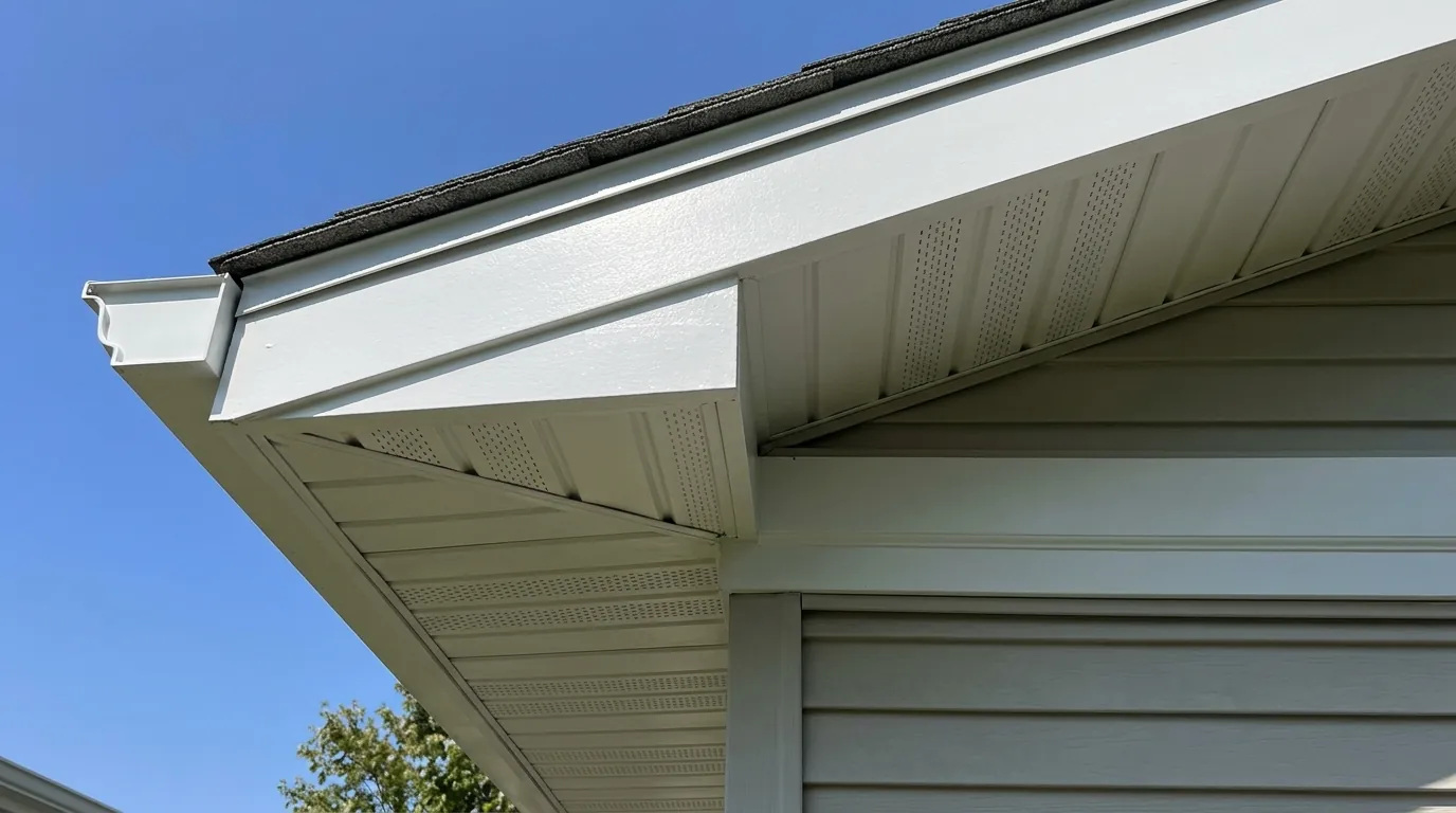 Freshly painted fascia and vented soffit under the eaves