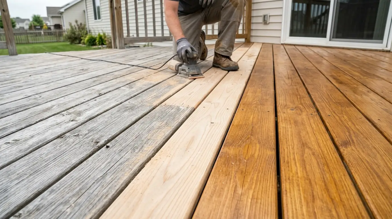 Deck boards being sanded beside a freshly restained section