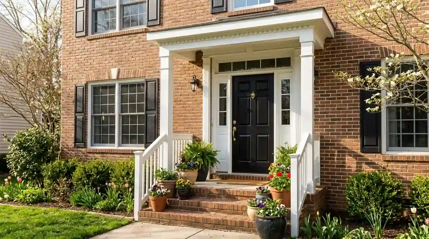 Front entry with a newly painted black door and white trim