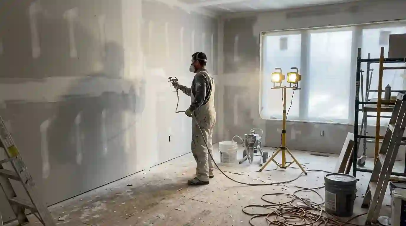 Painter spraying primer onto new drywall